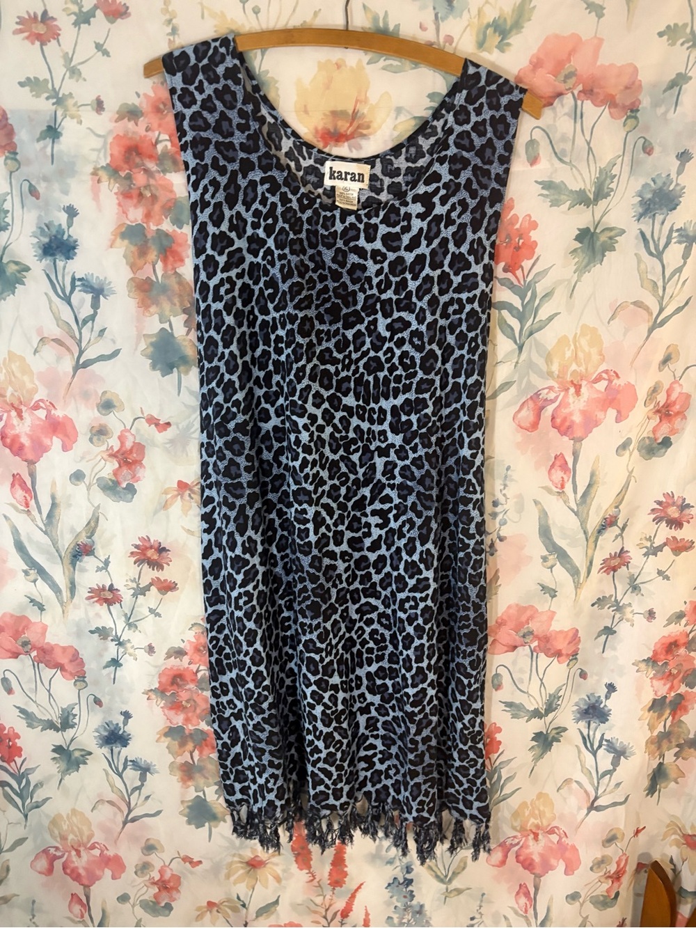 Vintage Karan Blue Leopard Print Fringe Hem Dress